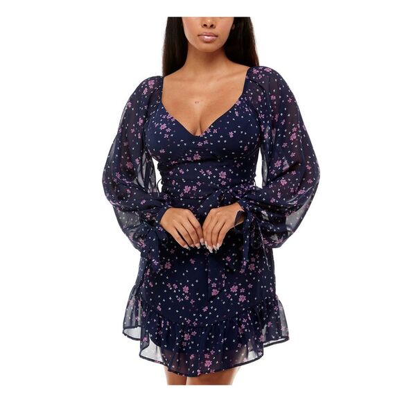 NWT B DARLIN Womens Navy Tie Asymmetrical-hem Balloon Sleeve Short Dress 5\6 - Picture 1 of 5